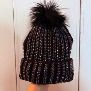 Black Knit Beanie Hat with Iridescent Purple Rhinestones and a Black Pom Pom